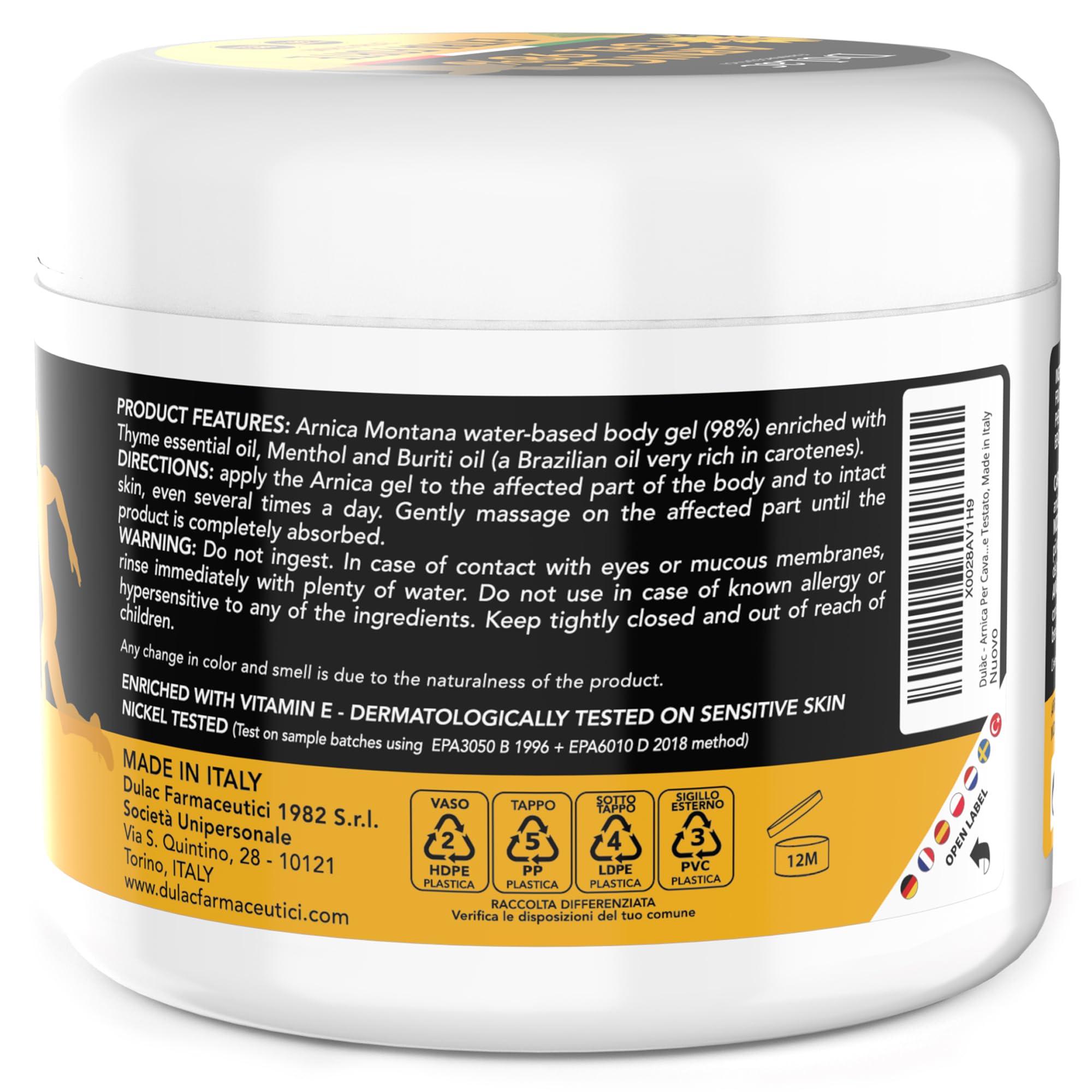 Dulac – Arnica Gel Fuerte 98%, Efecto Refrescante, 500 ml, Para Masajes en Músculos y Articulaciones Fatigados, También Util para la zona cervical, con Mentol y Aceite de Buriti, Made in Italy