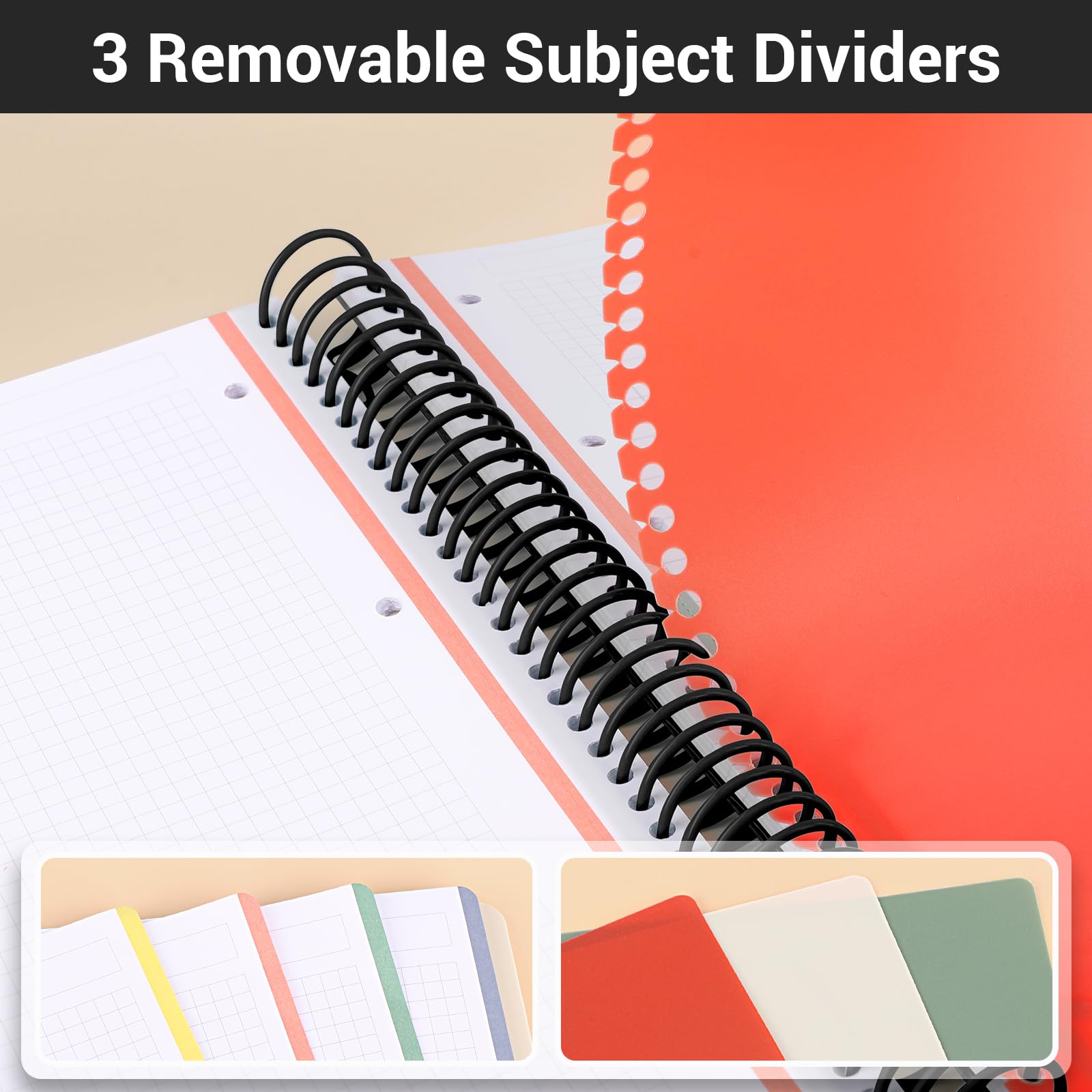 EUSOAR Cahiers à spirale quadrillés, format A4, 23,5 x 29,7 cm, grand carnet de notes à 3 sujets, carnet de composition à papier quadrillé, 240 pages avec poche pour étudiants en mathématiques