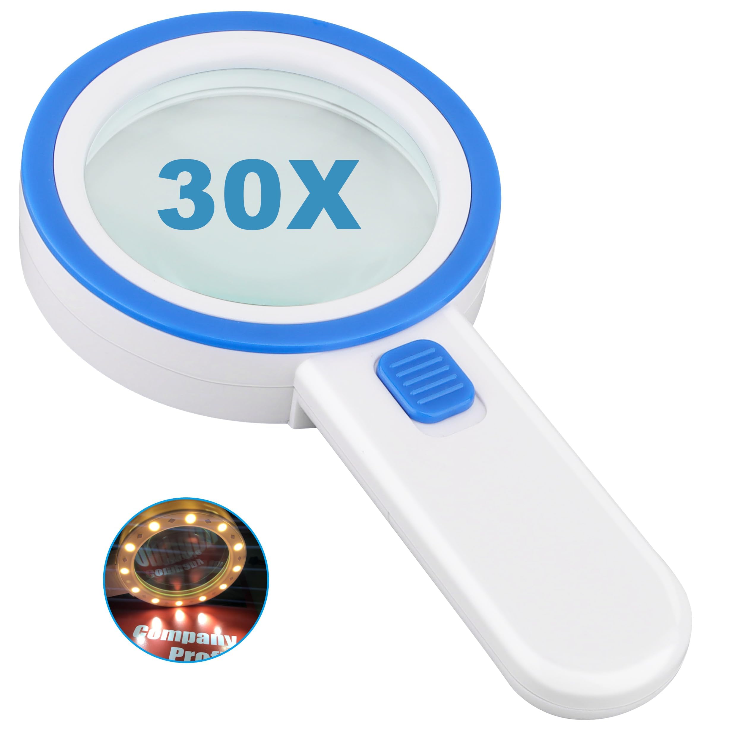 Magnifying Glass with 12 LED Lights,30X Double Glass Lens Handheld Illuminated Magnifier Reading Magnifying Glass with for Seniors Read,Coins,Stamps,Map,Inspection,Macular Degeneration (Blue)