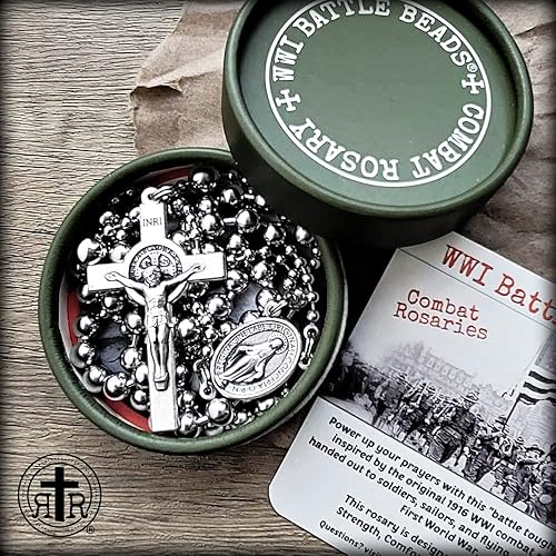 Rugged Rosaries Saint Benedict WWI Combat Rosary in Silver Finish - Handmade in the USA