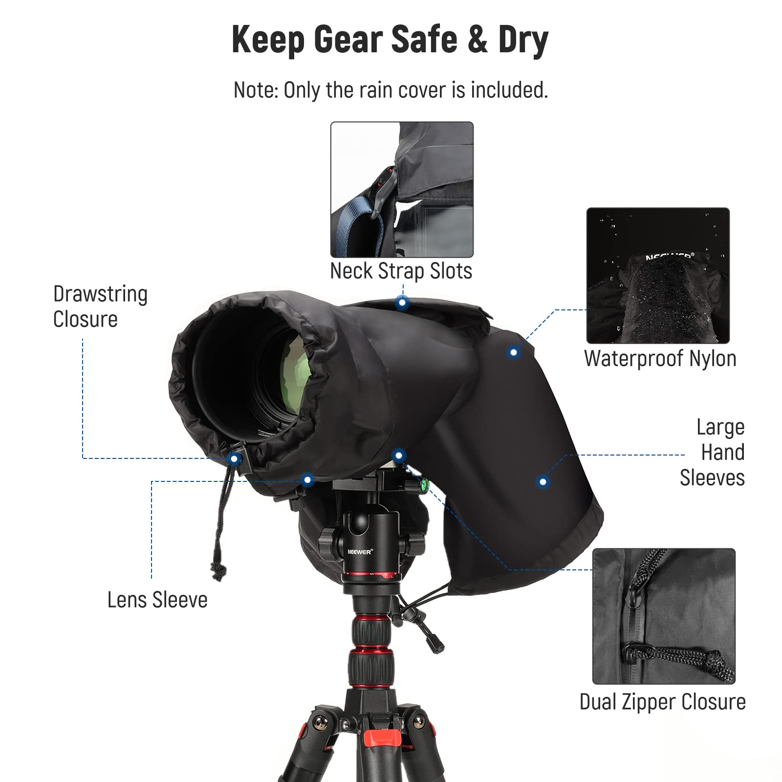 NEEWER Housse de Pluie pour Caméra, Imperméable en Nylon de Petite Taille Compatible avec Canon Sony Nikon DSLR Vlog Camera & Objectifs Jusqu'à 200mm, avec Fenêtre de visualisation, PB003