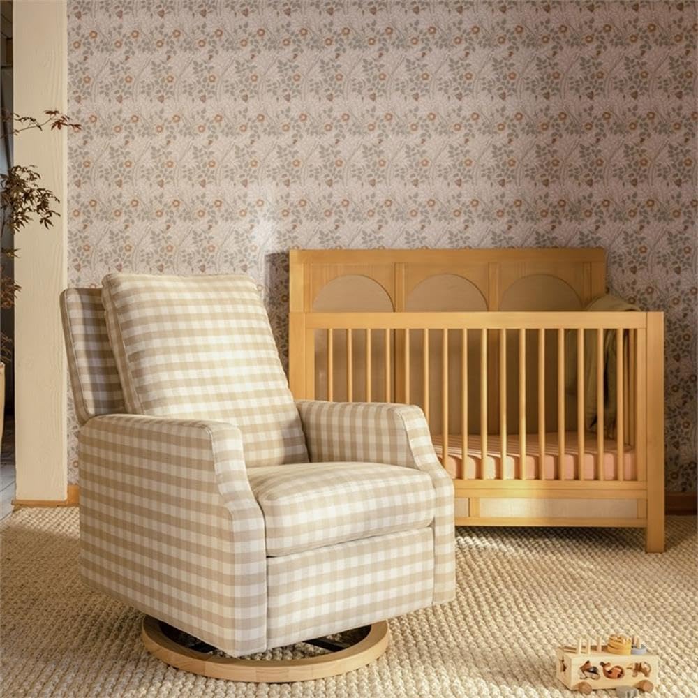 Condition photo showing As Is for namesake crewe glider recliner nursery chair - greenguard gold & certi-pur us certified rocker recliner - glider rocking chair for nursery & living room - manual, 360° swivel, tan gingham(incomplete