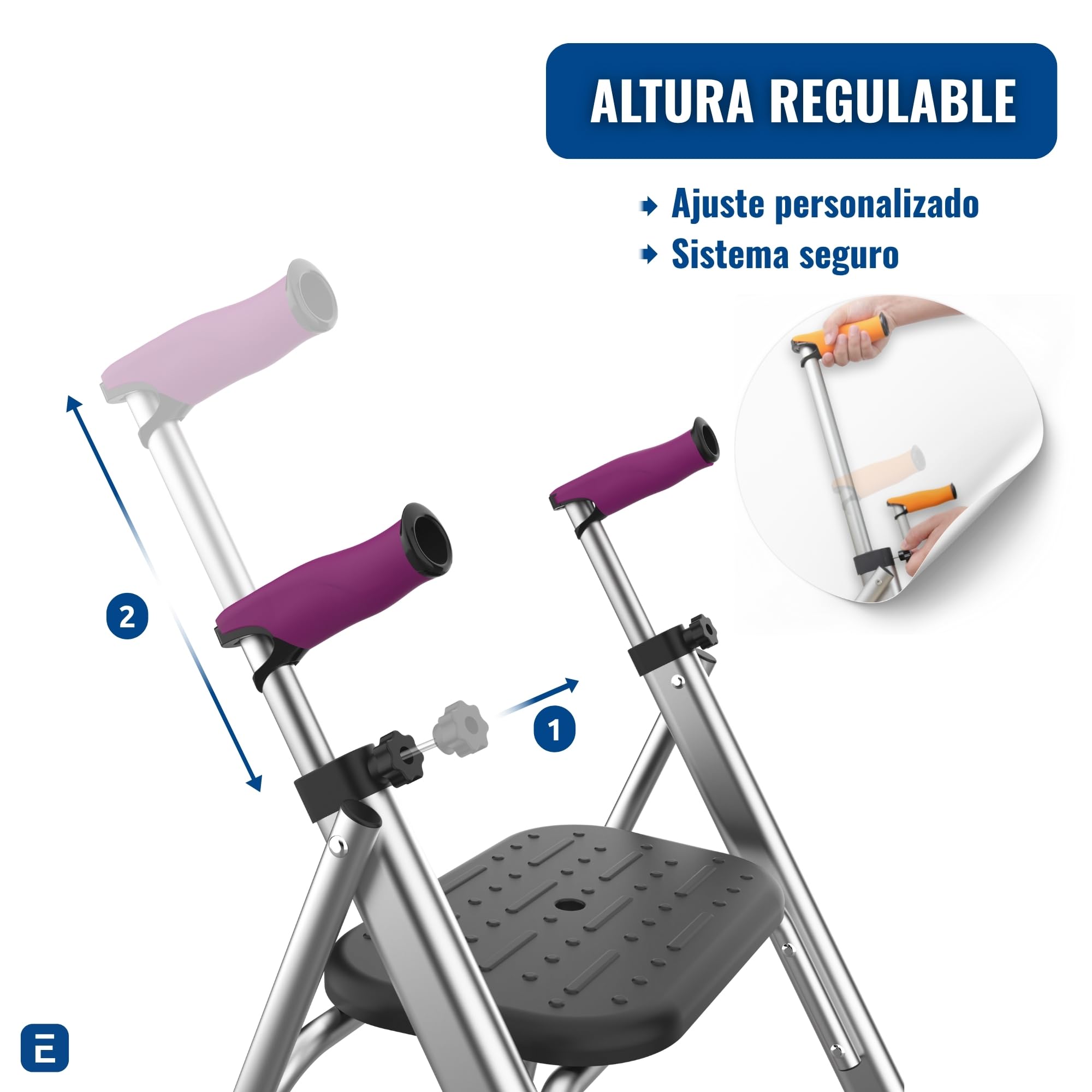 INDESmed - Andador Plegable con Asiento de Aluminio para ancianos, personas con movilidad reducida o rehabilitación. Ajuste preciso, Mango antitendinitis y antideslizante, 2 Ruedas (Morado)