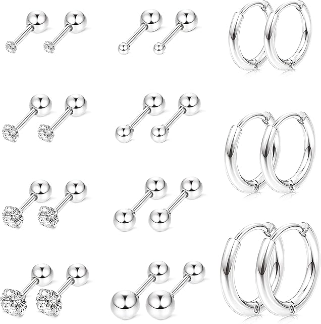 LOLIAS 11 Pairs Stainless Steel Cartlidge Cubic Zirconia Earrings Ball Stud for Women Helix Earring Set Tragus Earring Flat Ball Back Screwback Helix Earrings