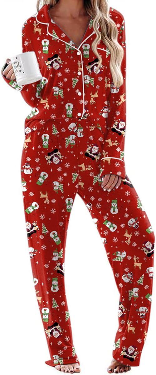 Women's Pajama Sets Long Sleeve Sleepwear Comfy Button Down Nightwear Long Pants Pjs Lounge Set with Pockets S-XXL