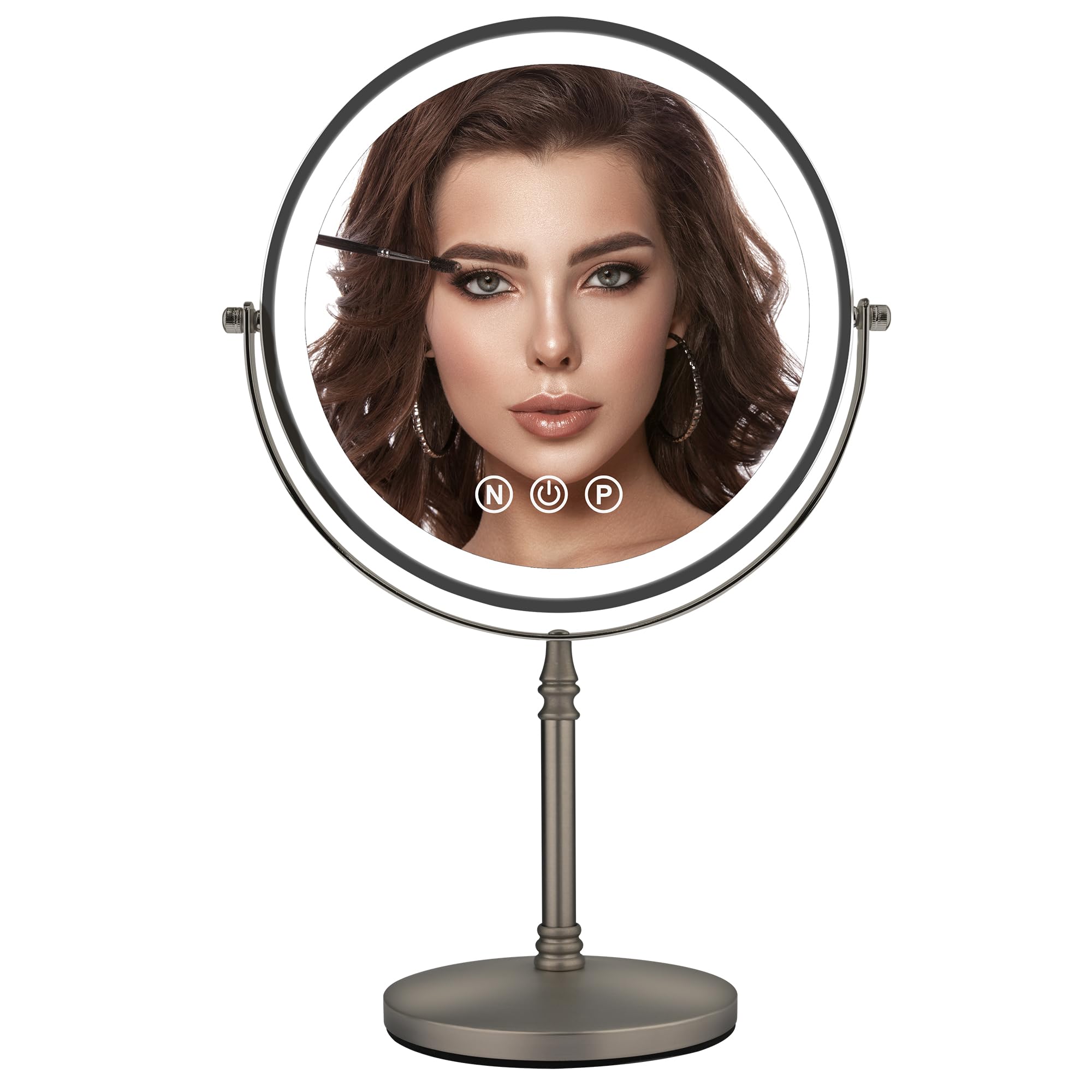 9" large lighted makeup mirror, 1x/10x magnifying mirror with light, 3 colors brightness adjustable, rechargeable double sided vanity mirror with 80 led lights grey