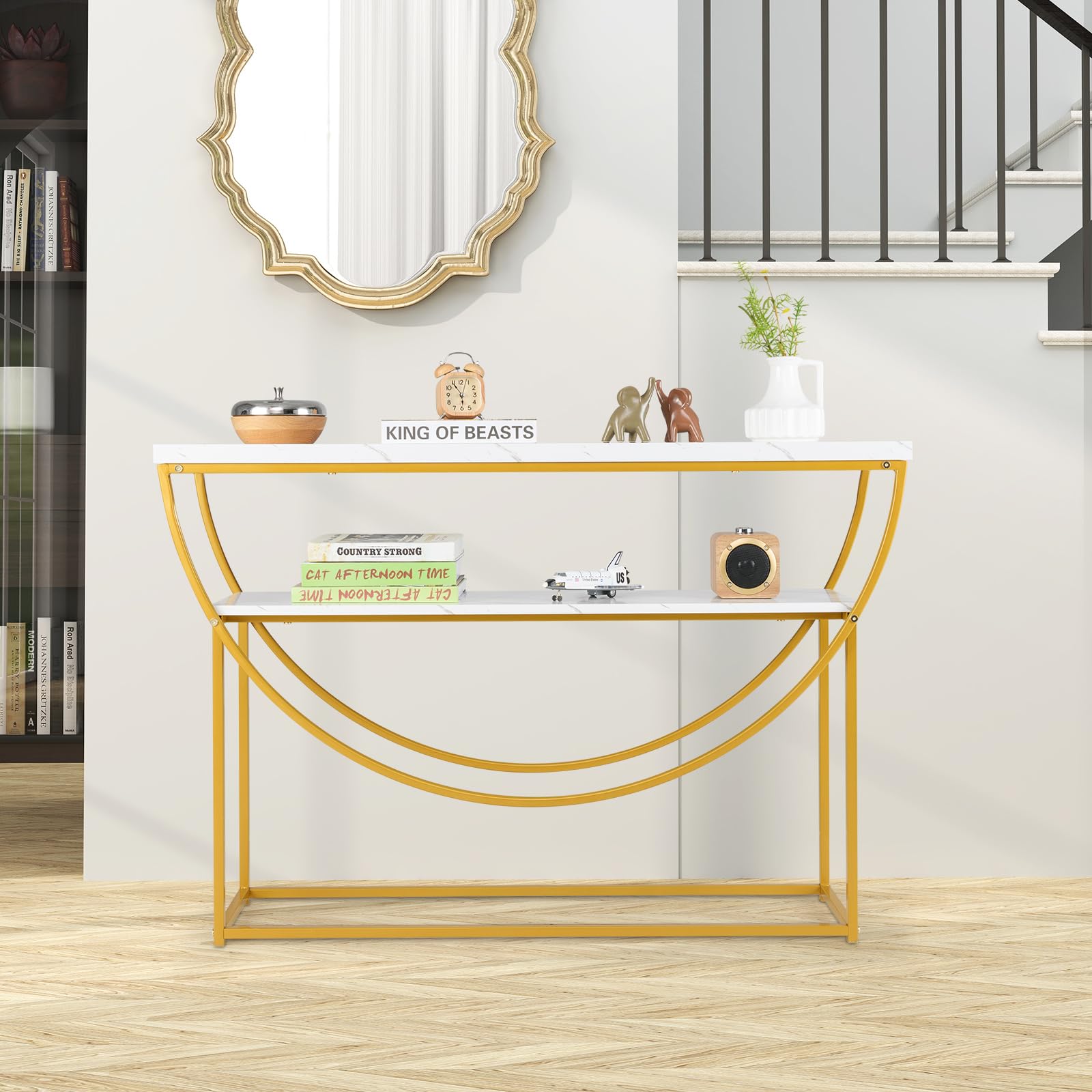 LIFEZEAL Consolle Ingresso, Tavolo Consolle, Moderno, Salvaspazio, Dorato, Oro e Bianco, con Effetto di Marmo, Telaio ad Arco, Console Entrata, Corridoio, in Legno, Metallo, Max 50kg, 120x30x80,5cm