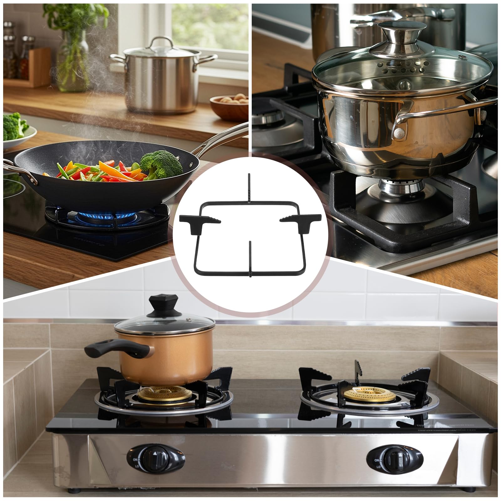 PATIKIL Anillo de wok para estufa de gas, 8.4 x 6.5 pulgadas, soporte cuadrado, accesorios de repuesto para quemador de cocina del hogar, color negro