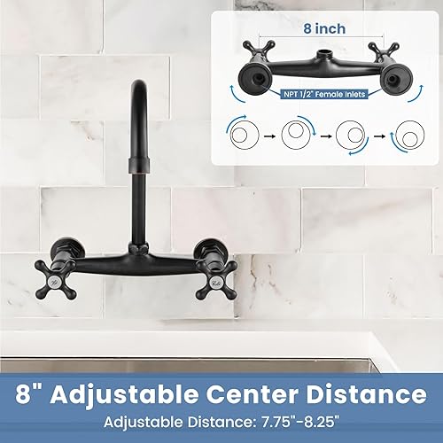 Vista 37 de Airuida Grifo de fregadero de cocina de latón antiguo, grifo central montado en la pared de 8 pulgadas, grifo de cocina comercial montado