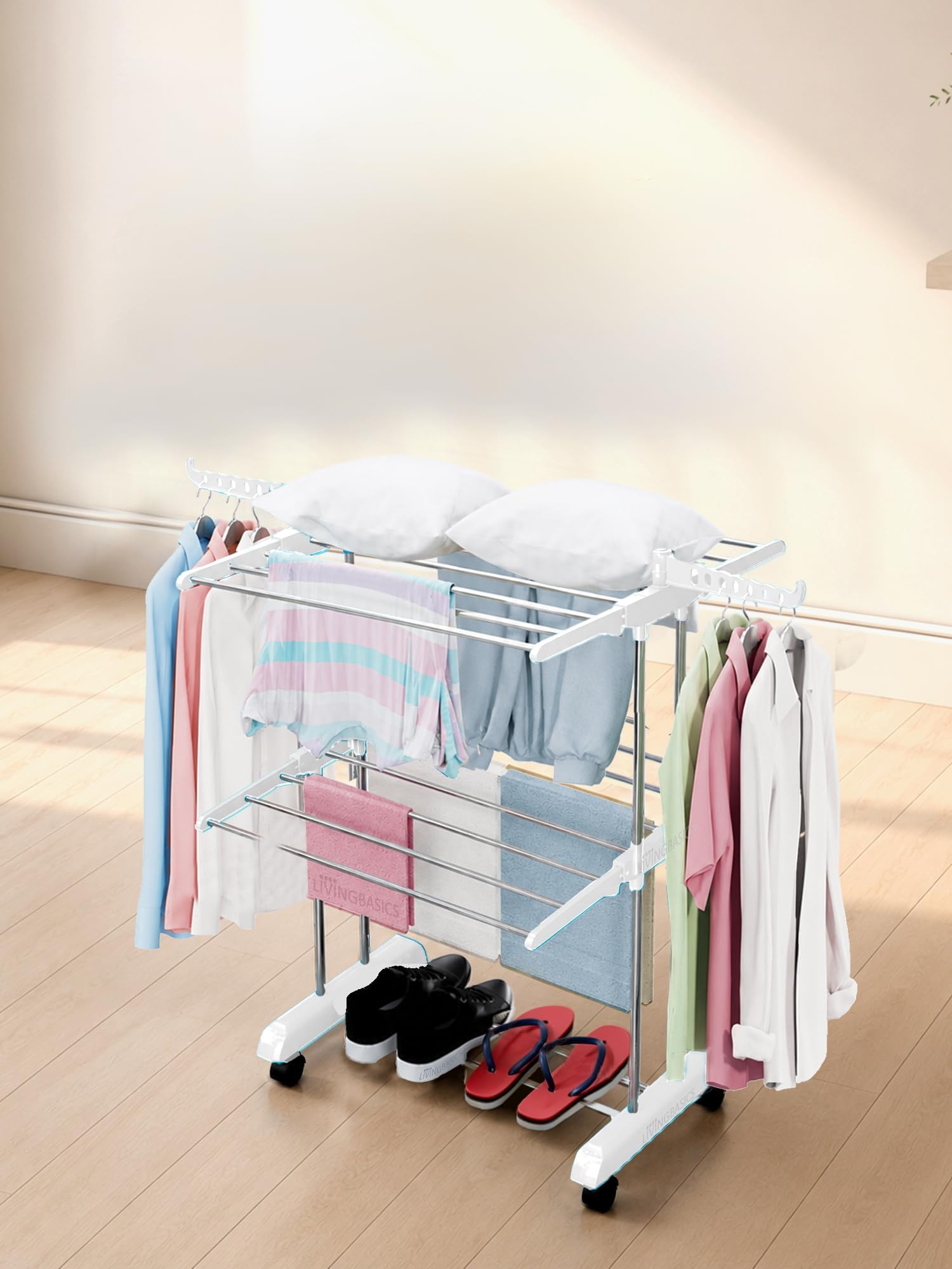 LIVINGBASICS 2 Layer Finest Clothes Stand for Drying Foldable Clothes/Cloth Drying Stand for Balcony/Stainless Steel Hanging Dress Dryer Rack (Snow White, 64 x 74 x 120 cm)