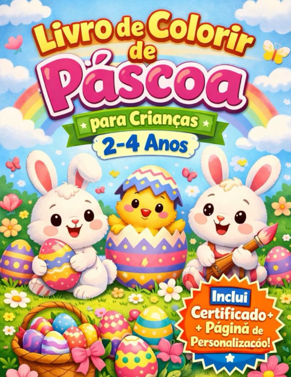 Livro de Colorir de Páscoa para Crianças de 2 a 4 Anos: Atividades Educativas, Fácil de Colorir, Inclui Página de Personalização e Certificado de Conclusão