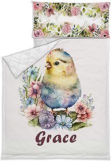 Personalized Toddler Nap Mat with Pillow Case and Blanket, Super Soft & Cozy Nap Mats for Preschool Daycare, Customized Name Sleeping Bag for Kids Girls, Quilted Nap Mat, Farm Chick Design