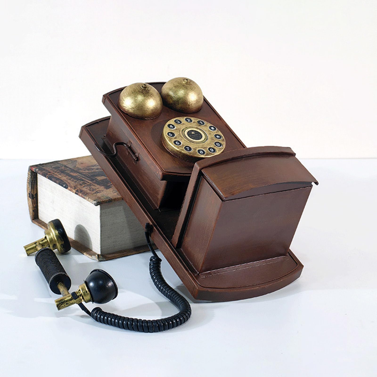 Teléfonos fijos retro con dial, teléfonos de cuerda retro, teléfono antiguo con caja de almacenamiento para decoración de oficina en casa, modelo creativo de teléfono
