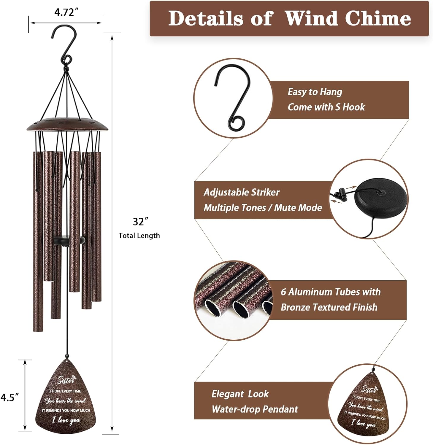 Sister Gifts, 32" Bronze Wind Chimes Sister Gifts for Women, Gifts for Sister, Sisters Gifts from Sister, Gifts for Sister in Law, Best Sister Ever Gifts - Image 4