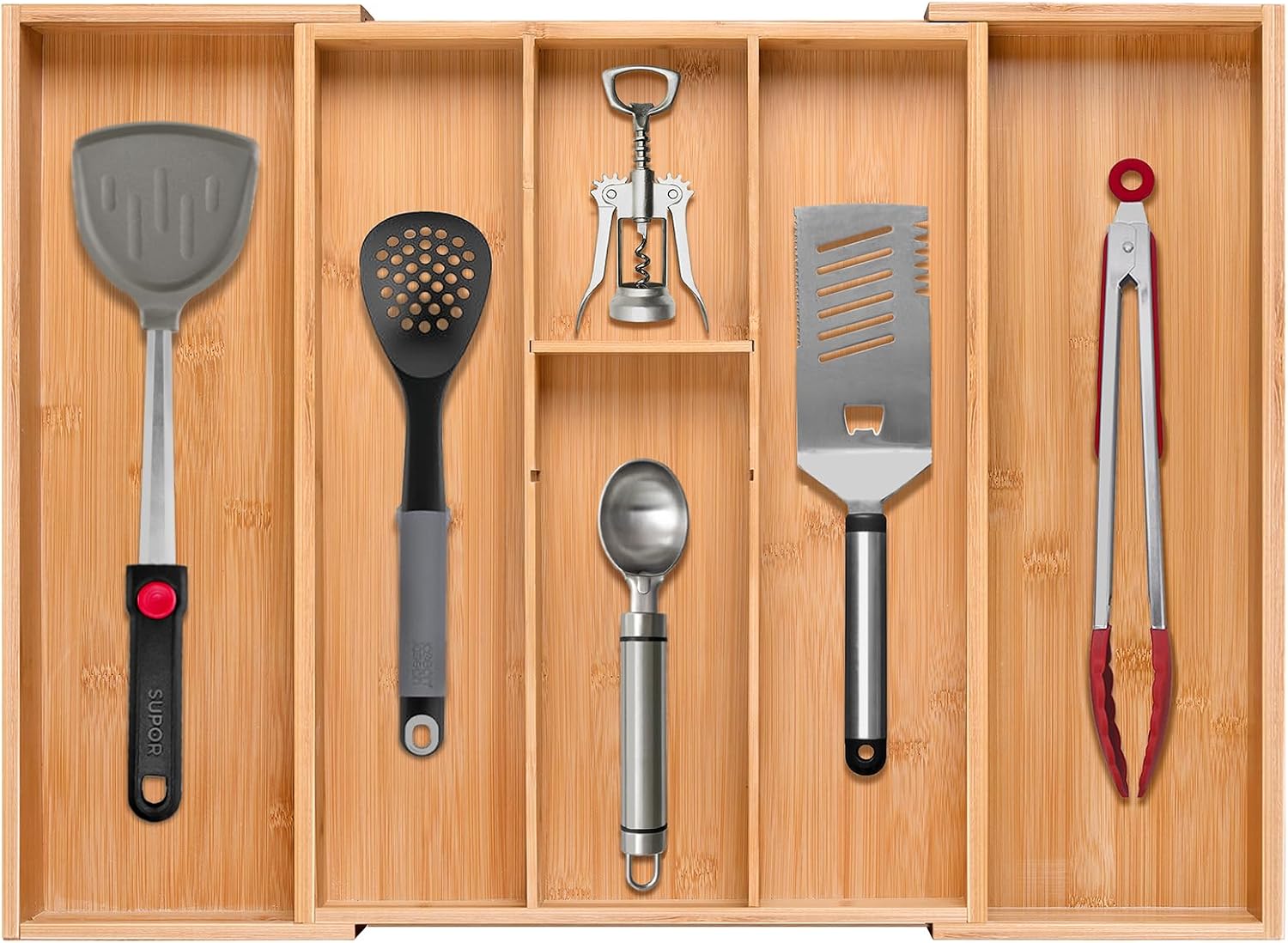 Bamboo Silverware Organizer, Expandable Kitchen Drawer Organizer and Utensil Organizer, Cutlery Tray with Drawer Dividers for Kitchen Utensils and Flatware, Bedroom, Living Room (Natural)