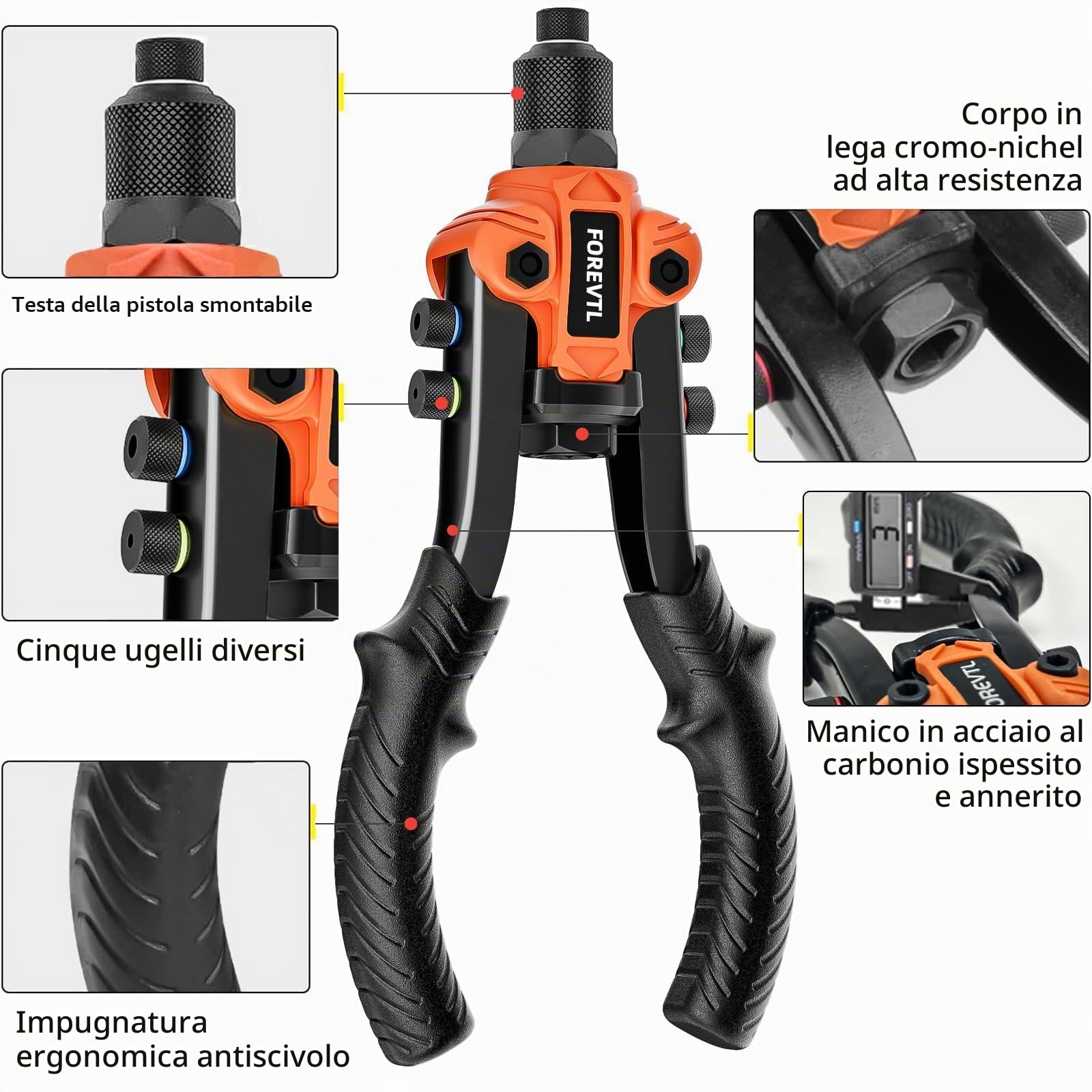 Set di pinze per rivetti da 10" con 200 rivetti per rivetti ciechi con rivetti ciechi da 6,4 mm a 2,4 mm, 5 bocchini intercambiabili, pistola rivettatrice professionale, set di pinze per