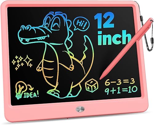 KOKODI Tableta de escritura LCD de 12 pulgadas con lápiz capacitivo antipérdida, tablero de dibujo borrable colorido para niños pequeños, juegos