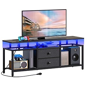 Mueble de TV, para Televisión hasta 45’’, Consola Multimedia con Regleta y Tira de Luz LED, Soporte para TV con Cajones y Estantes, para Salón, Dormitorio, Negro XDS03CDBB
