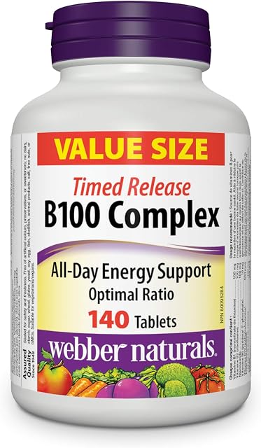 Webber Naturals Vitamin B100 Complex, Timed Release, 140 Tablets, Supports Energy Production and Metabolism, Vegan
