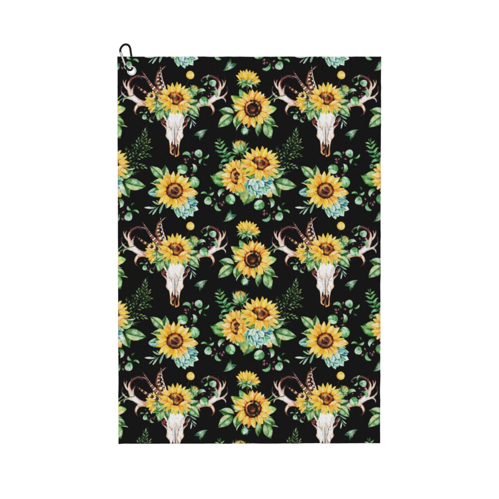 AOOEDM Sunflower Skull Boho Print Golf Towel with Carabiner Clip Absorbent Microfiber Golf Towel for Cleaning Golf Ball Club Putter Iron for Golf Bag Trolly Belt Loop 16" X 24"