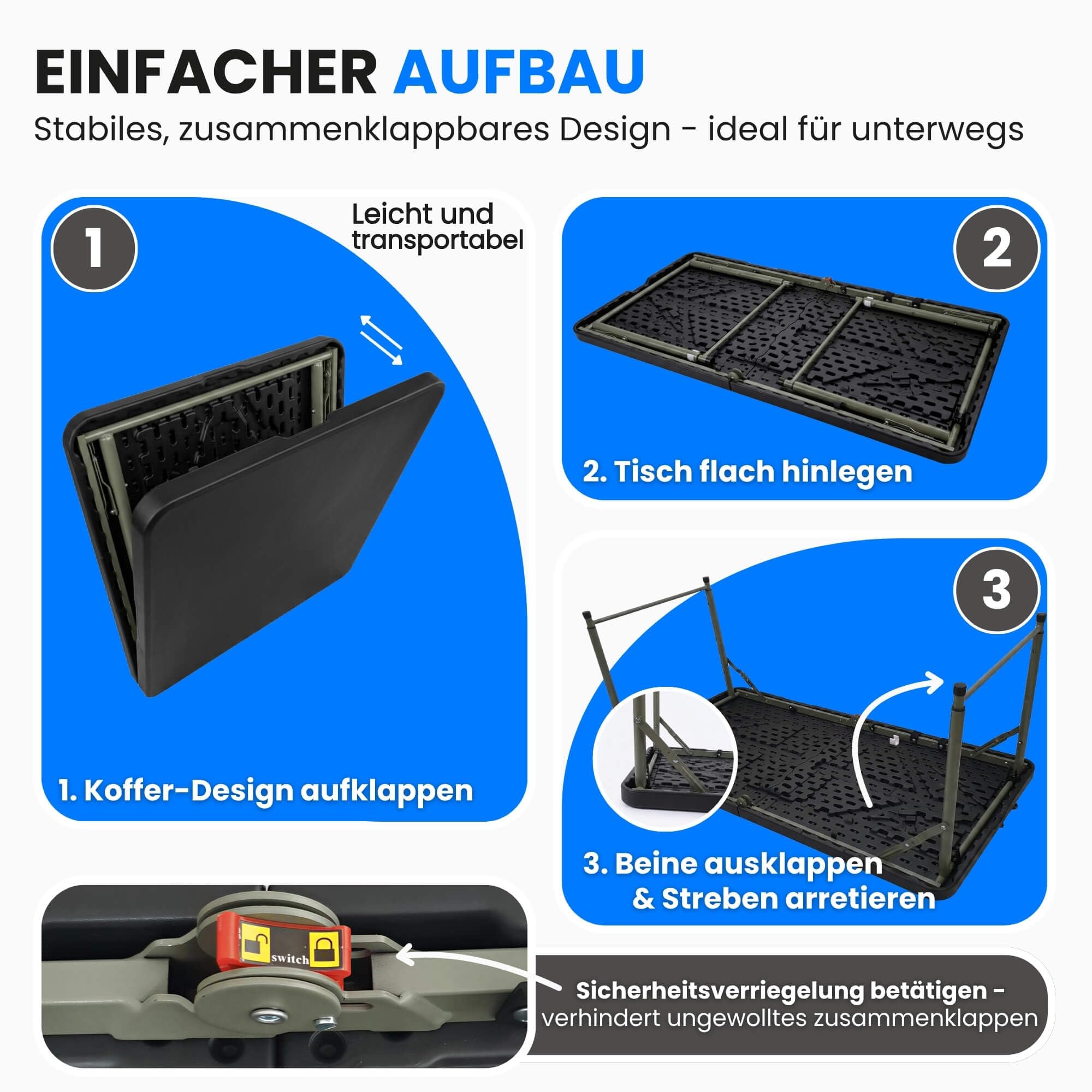 Klapptisch Campingtisch Wetterfest Garten 122cm Höhenverstellbar Klappbar Gartentisch Buffettisch Tragbar Faltbar Schwarz Tragegriff Haken