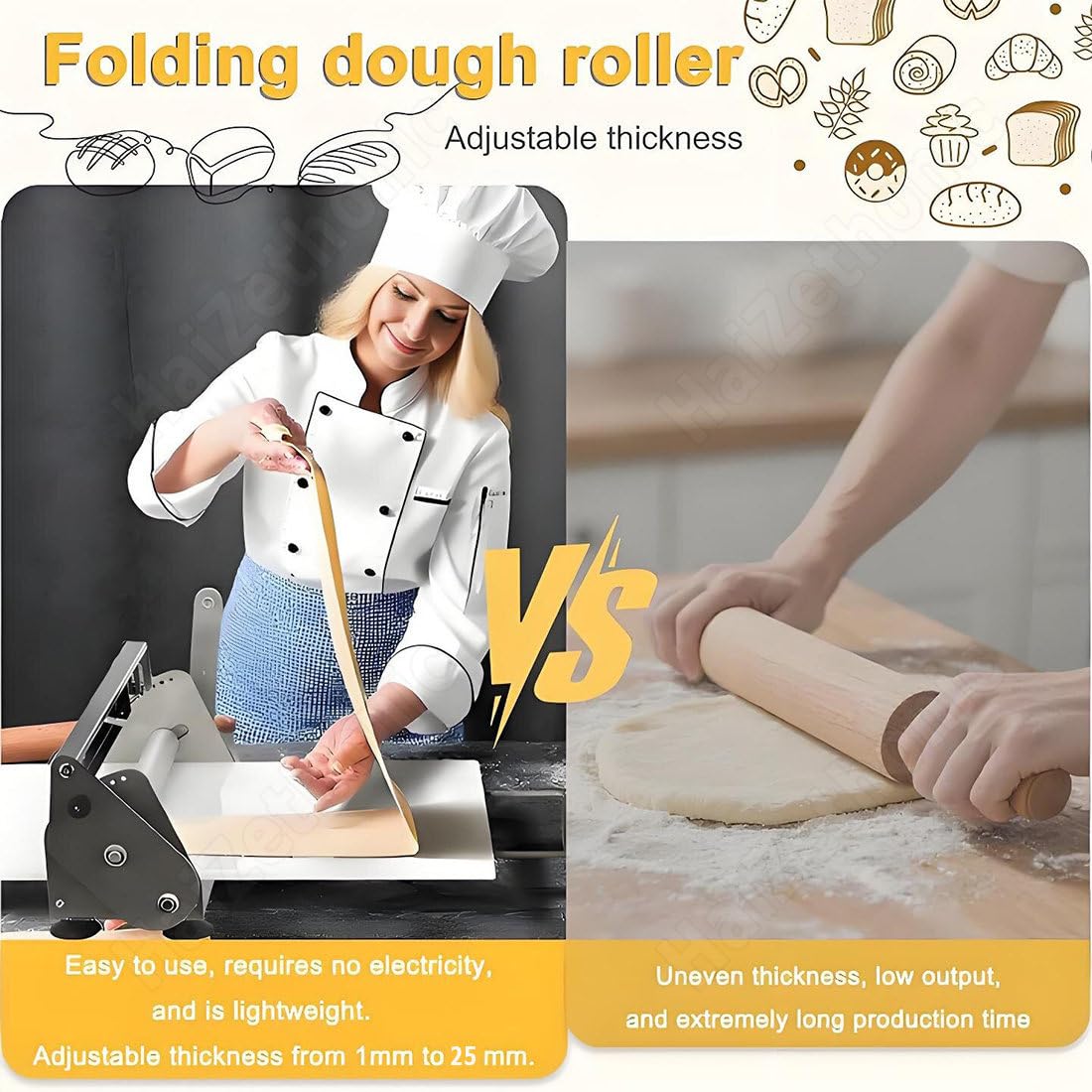 Sfogliatrice Manuale Pieghevole per Impasto,Rullo Manuale per Impasto,in Acciaio Inox,Design Compatto,Spessore Regolabile per Cottura Professionale T300