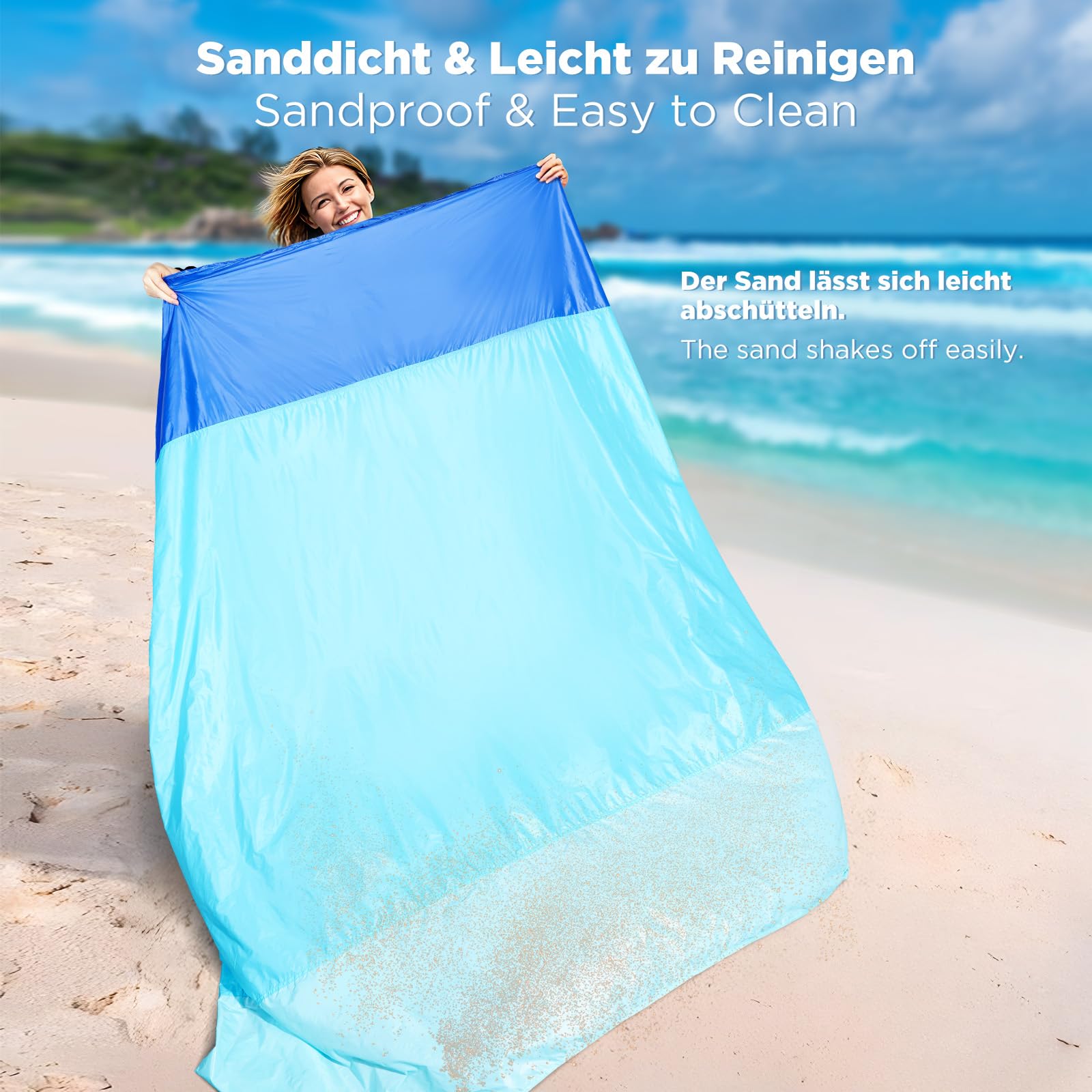 Stranddecke Sandfrei Super Große 220x215 cm – Feuchtigkeitsabweisend, Ultraleicht & Windfest & Ultradünne - Tragbare Picknickdecke für Strand, Camping & Outdoor - Strandmatte mit praktischem Karabiner