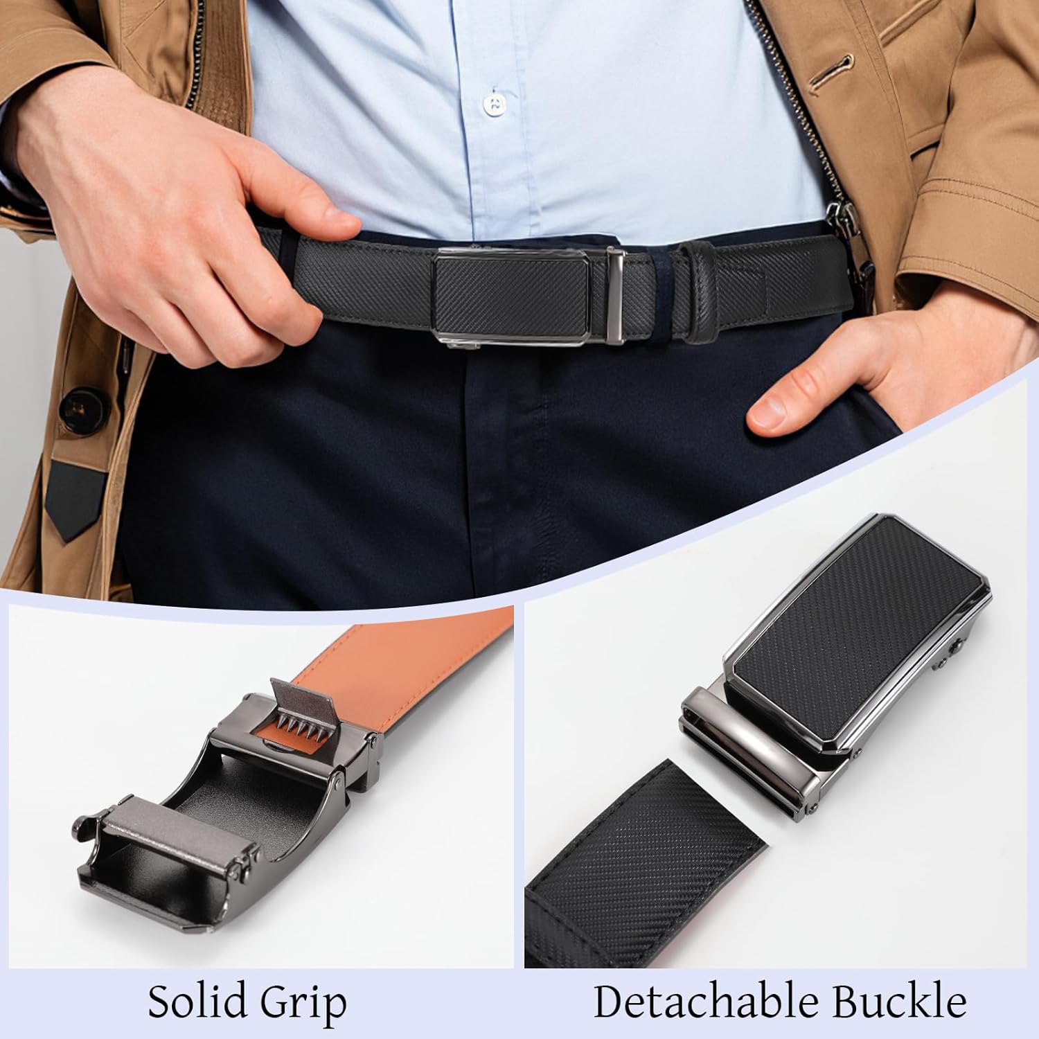 SANSTHS Ratchet Belts for Men, Leather Ratchet Belt Mens Ratchet Belt with Adjustable Buckle Men Belt Fit Everywhere - Image 3