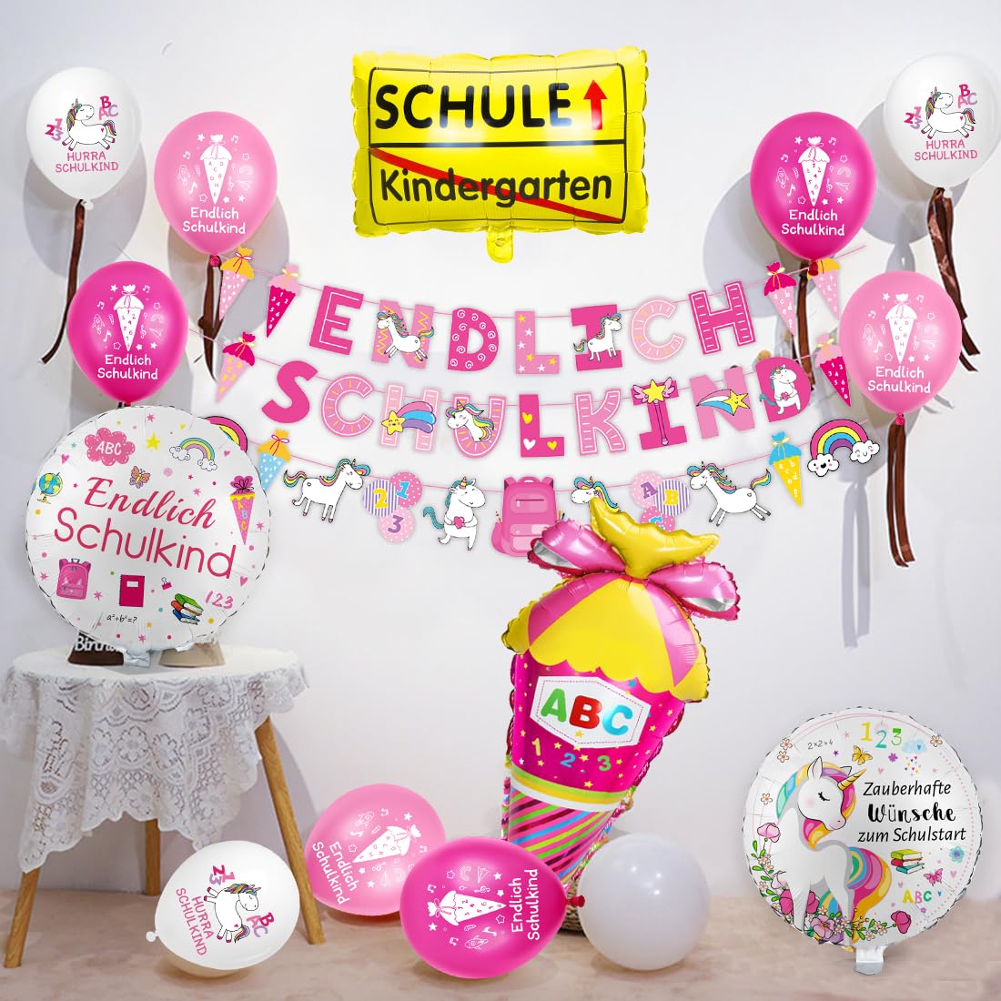 Decorazione per l'inizio della scuola a tema unicorno, palloncino in pellicola e striscione per bambini