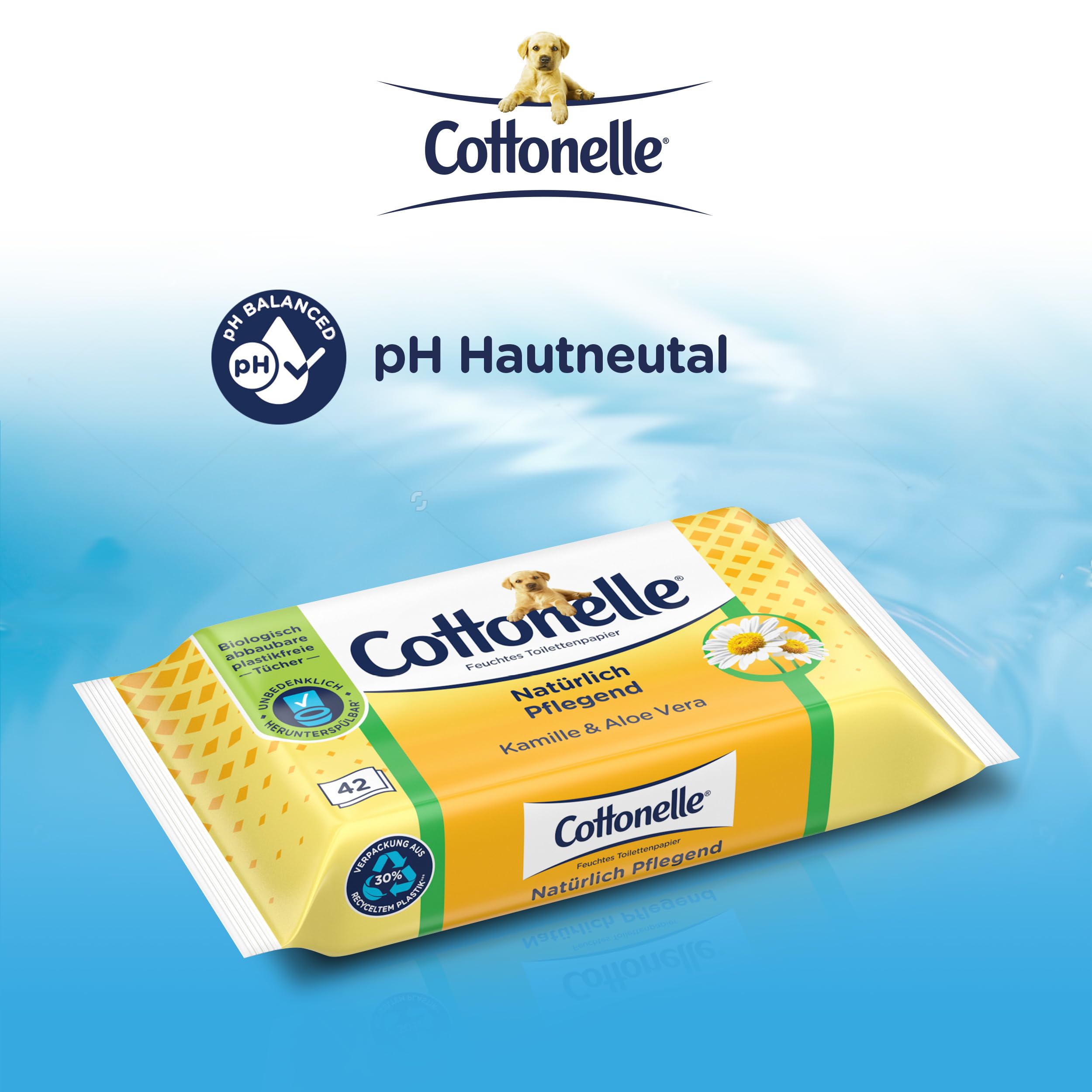 Cottonelle Carta igienica umida, naturale nutriente, camomilla e aloe vera, biodegradabile, senza plastica, richiudibile, confezione conveniente, 12 x 42 salviettine umidificate
