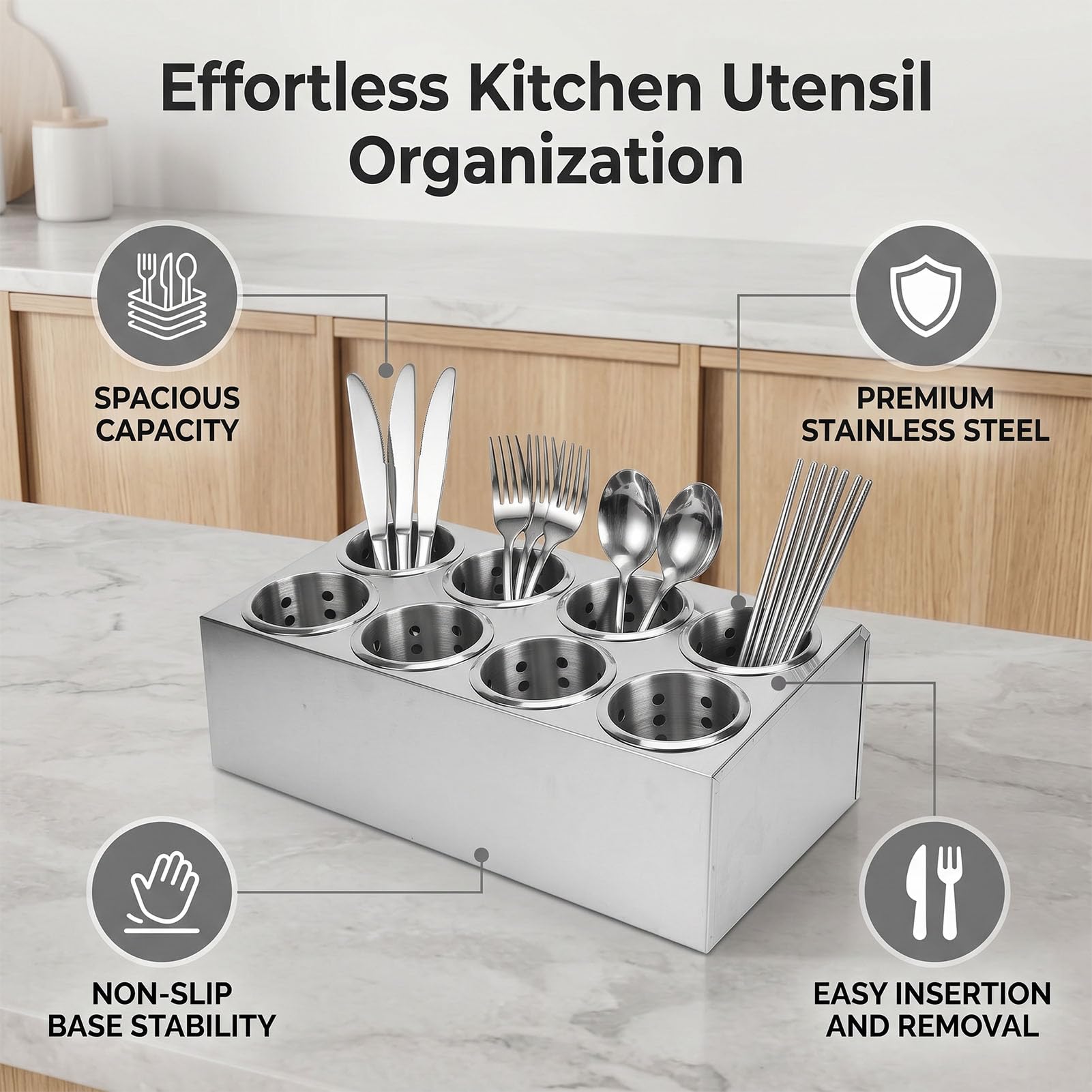 Organizador de Cubiertos Cilíndricos de 8 Compartimentos | Soporte para Utensilios de Acero Inoxidable con Base Antideslizante para Encimera de Cocina, Almacenamiento de Cucharas, Tenedores