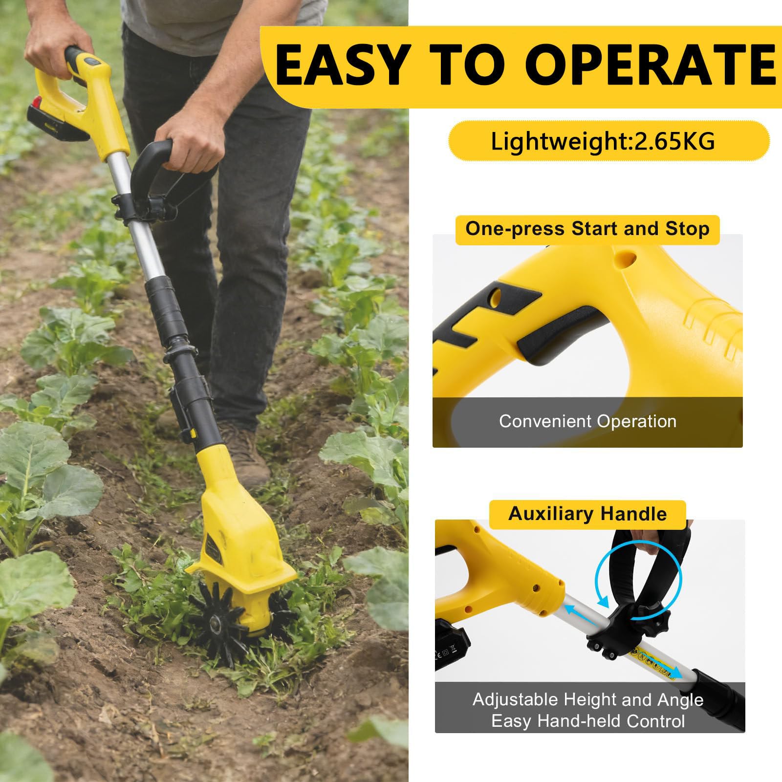 Motoazada inalámbrica 20 V, Pica de Suelo con batería de Litio, Ancho 10 cm, Profundidad 10 cm, Doble Mango ergonómico, para Cultivo de Suelo 1Battery