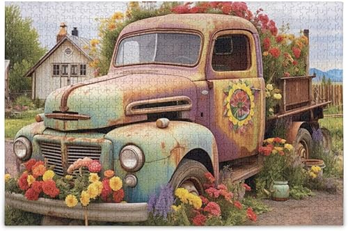 Rompecabezas de camión floral de 500 piezas para adultos, rompecabezas educativos de aprendizaje, juguetes familiares difíciles y desafiantes con