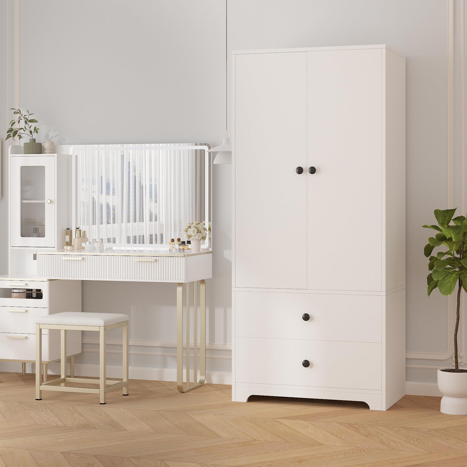 TROPOW Wood Armoire Wardrobe Closet, 71" Wood Clothing Storage Cabinets with 2 Doors, 1 Adjustable Shelf and 2 Drawers, Wardrobe Cabinet with Hanging