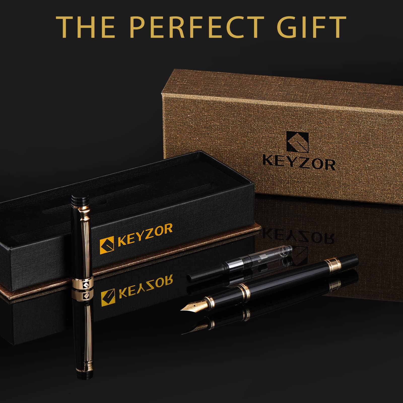 KEYZOR Schwarzer Füller Set, Füllfederhalter edel mit 24k vergoldetem Fein Nib, Tintennachfüllkonverter, Bestes Geschenk für Herren und Damen, Manager, Führungskräfte | Geschenkbox