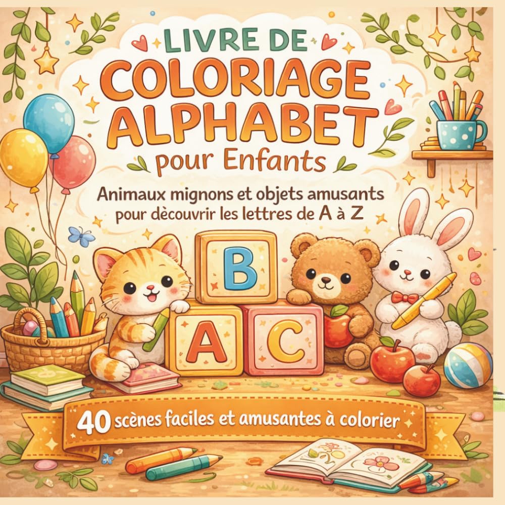 Livre de Coloriage Alphabet pour Enfants: Animaux mignons et objets amusants pour apprendre les lettres de A à Z – Coloriage facile pour enfants dès 3 ans (Coloriages Magiques pour Enfants)