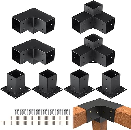 Miniatura 110 de VEVOR Kit de soporte para pérgola de 6 x 6 pulgadas (tamaño interior 5.6 x 5.6), 4 piezas de soporte de esquina resistente de 3 vías, kit de base