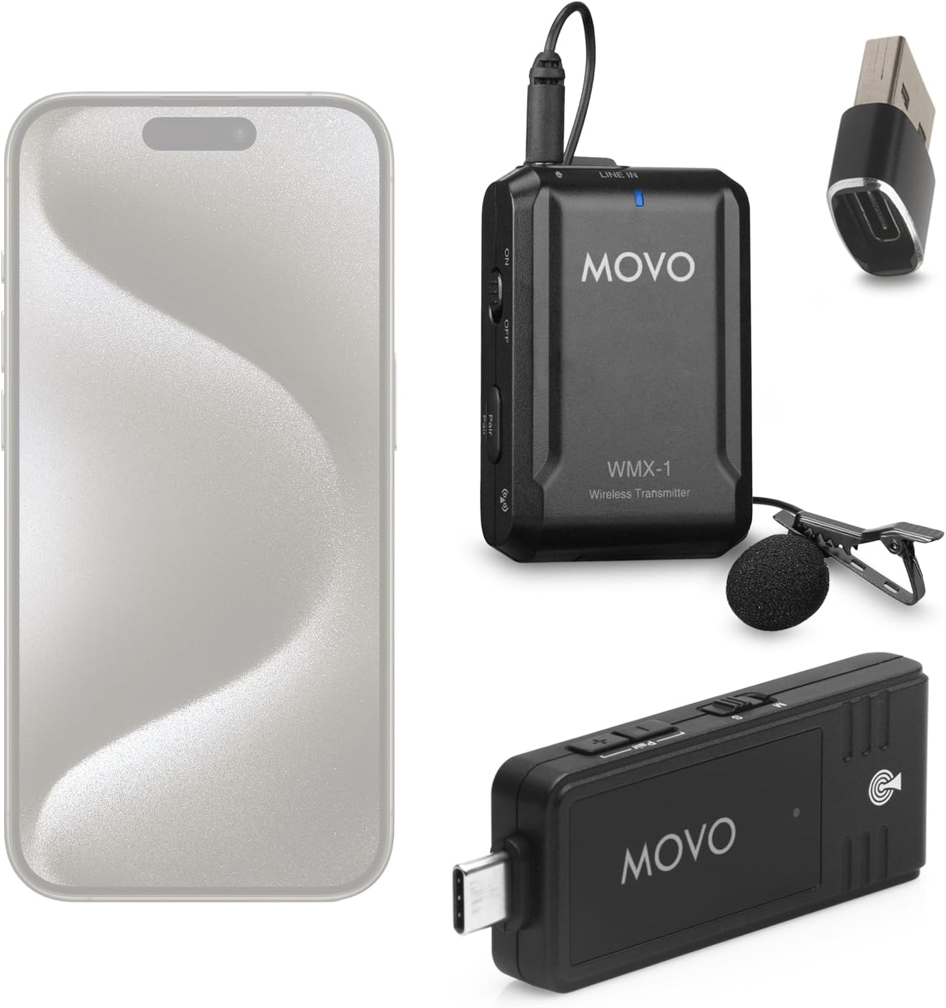 Movo Wireless USB-C Microphone System for Android and iPhone 15 and Up - Professional Lavalier Mic with 2.4GHz Transmission and USB-C to USB-A Adapter
