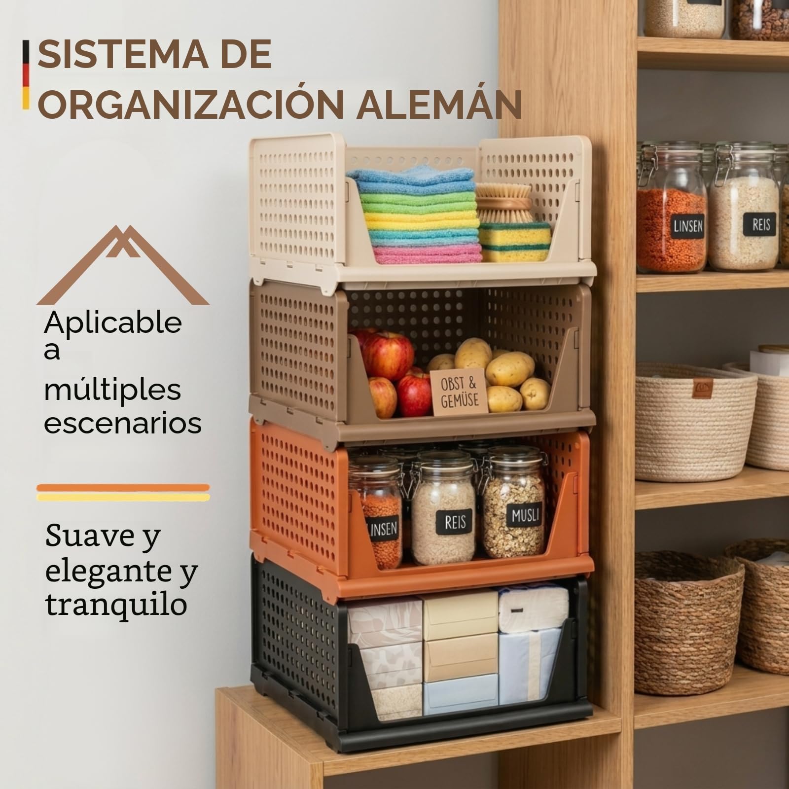 RMAN® Organizador Armario 8 pcs Cajones Extraíbles Plástico Marrón | Plegable, Apilable, Para Cocina Dormitorio Baño, Cajas Almacenaje Ropa