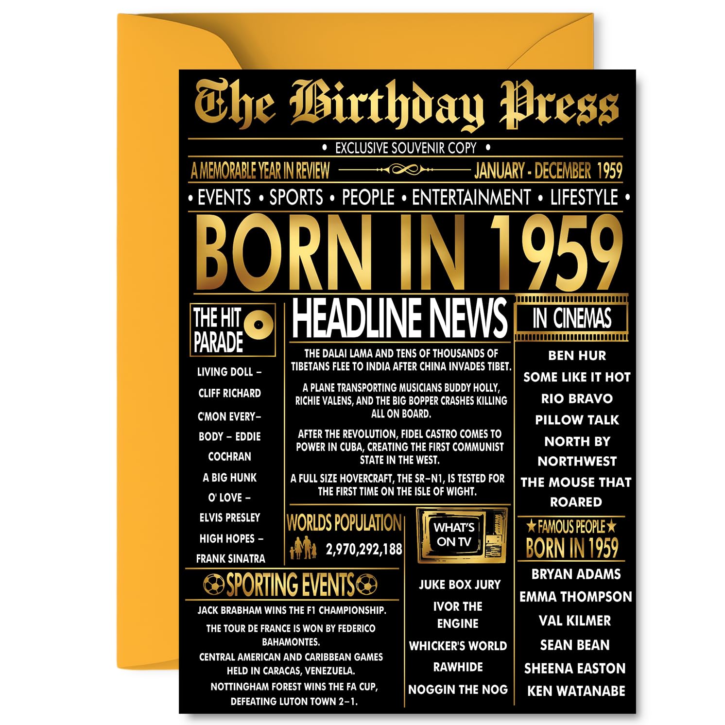 Gold 67th Birthday Card for Men Women - Black & Golden Newspaper Born in 1959 - Happy 67 Birthday Cards for Nan Grandad Brother Sister Auntie Grandma, A5 Bday Greeting Cards
