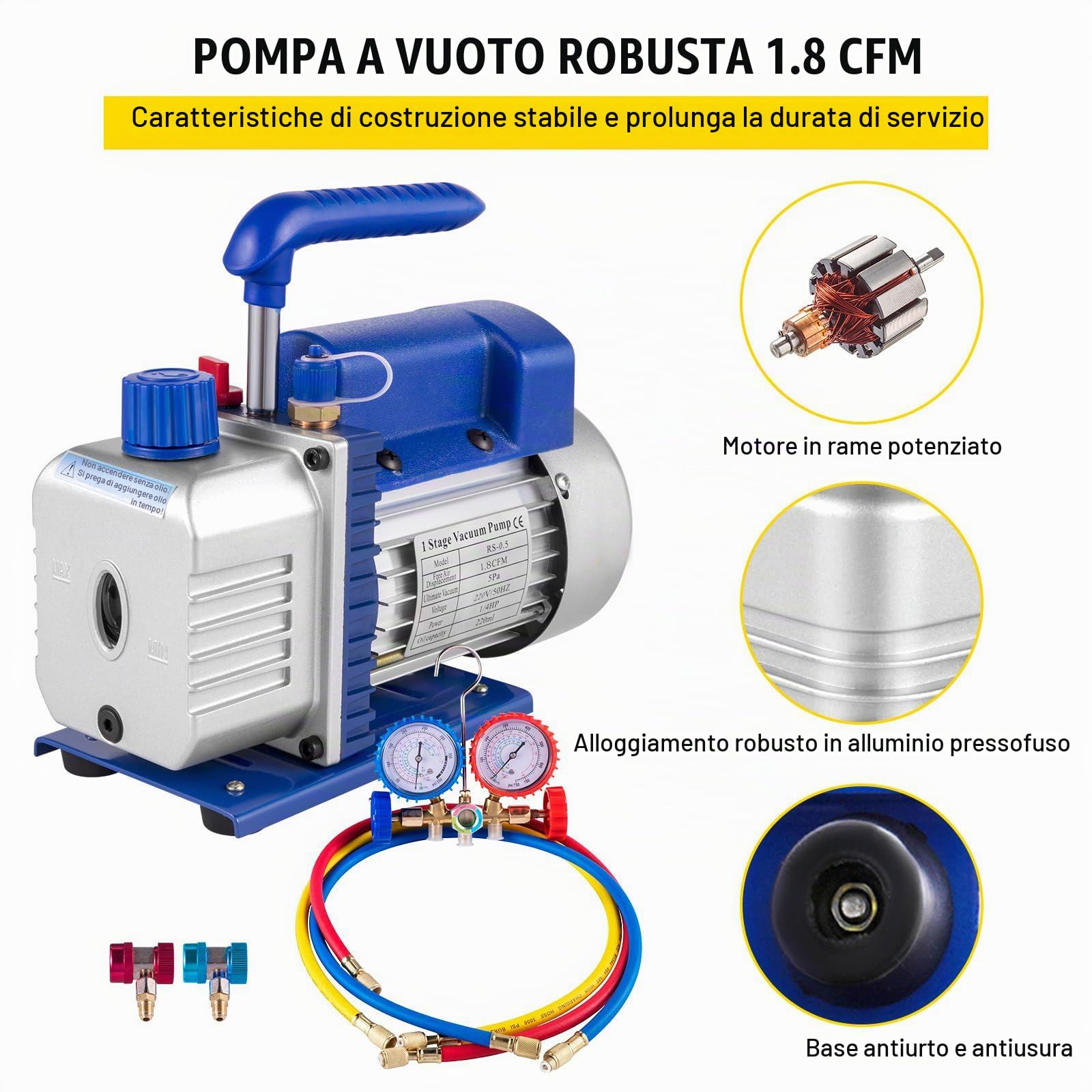 Pompa per Vuoto Aria Condizionata Pompa per Vuoto Frigorista con Un Misuratore Collettore 1440 RPM Anti-Reflusso Olio per Condizionatore Auto Automobile Riflettore(1.8CFM1/4HP)