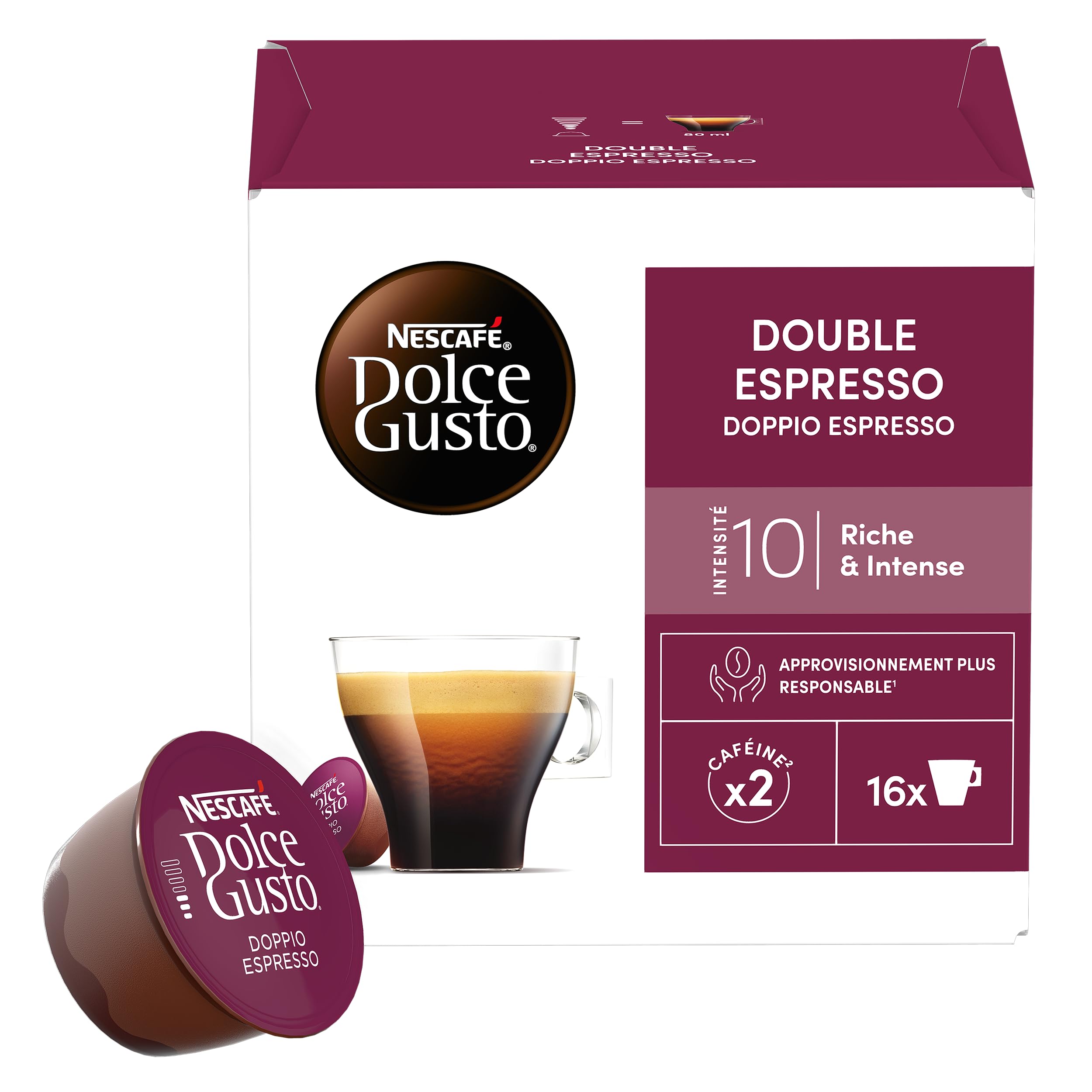 Nescafé Dolce Gusto Double Espresso – Café – 96 cápsulas (juego de 6 cajas). | Café Cápsulas, compatible con todas las máquinas de café DG sin NEO, espresso largo con notas afrutadas