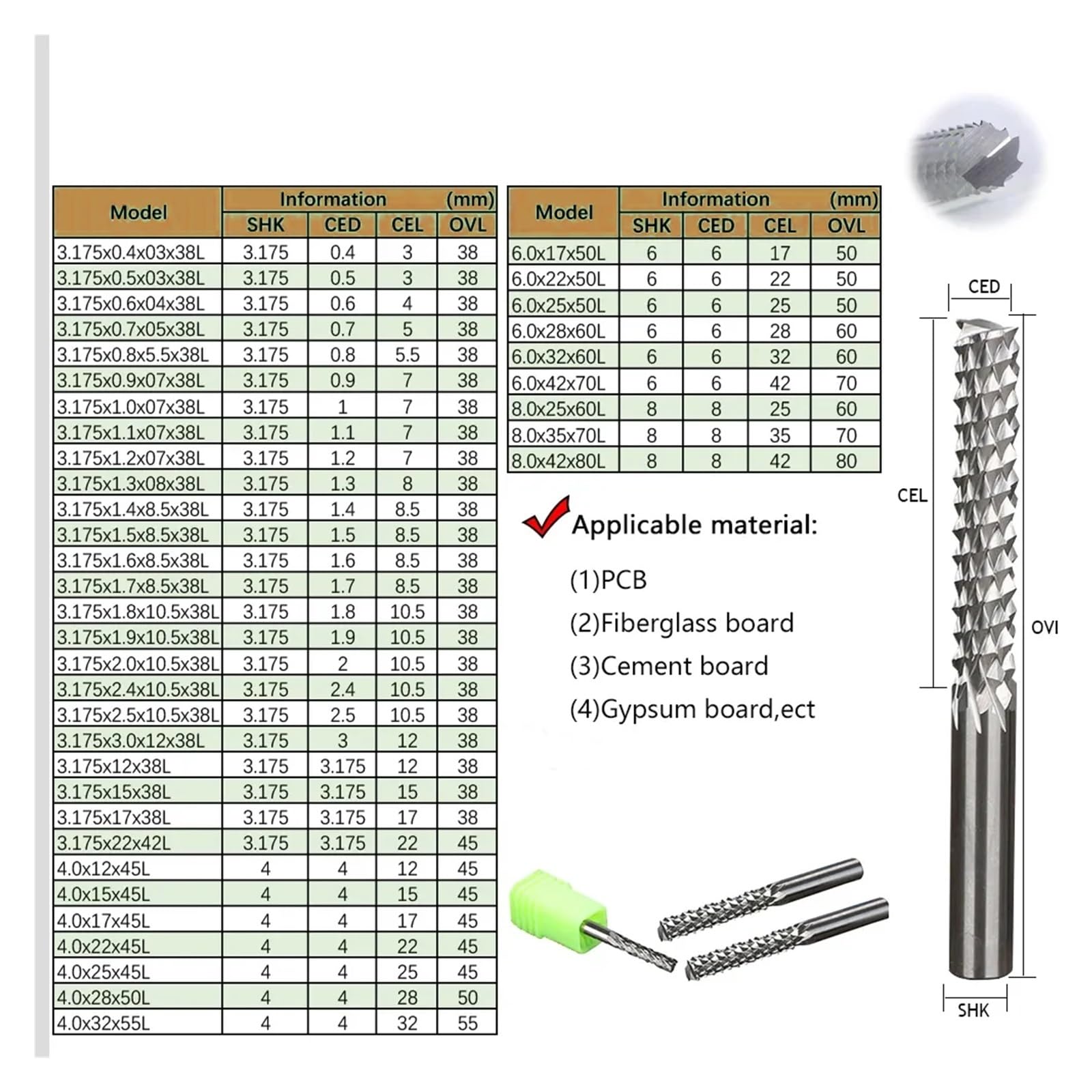 Fresa PCB, 1 Uds., vástago de 3.175/4/6/8mm, brocas de rebajadora de CNC, carburo de tungsteno, herramientas de fresado de extremo de maíz for placa de circuito(6x32x60L)