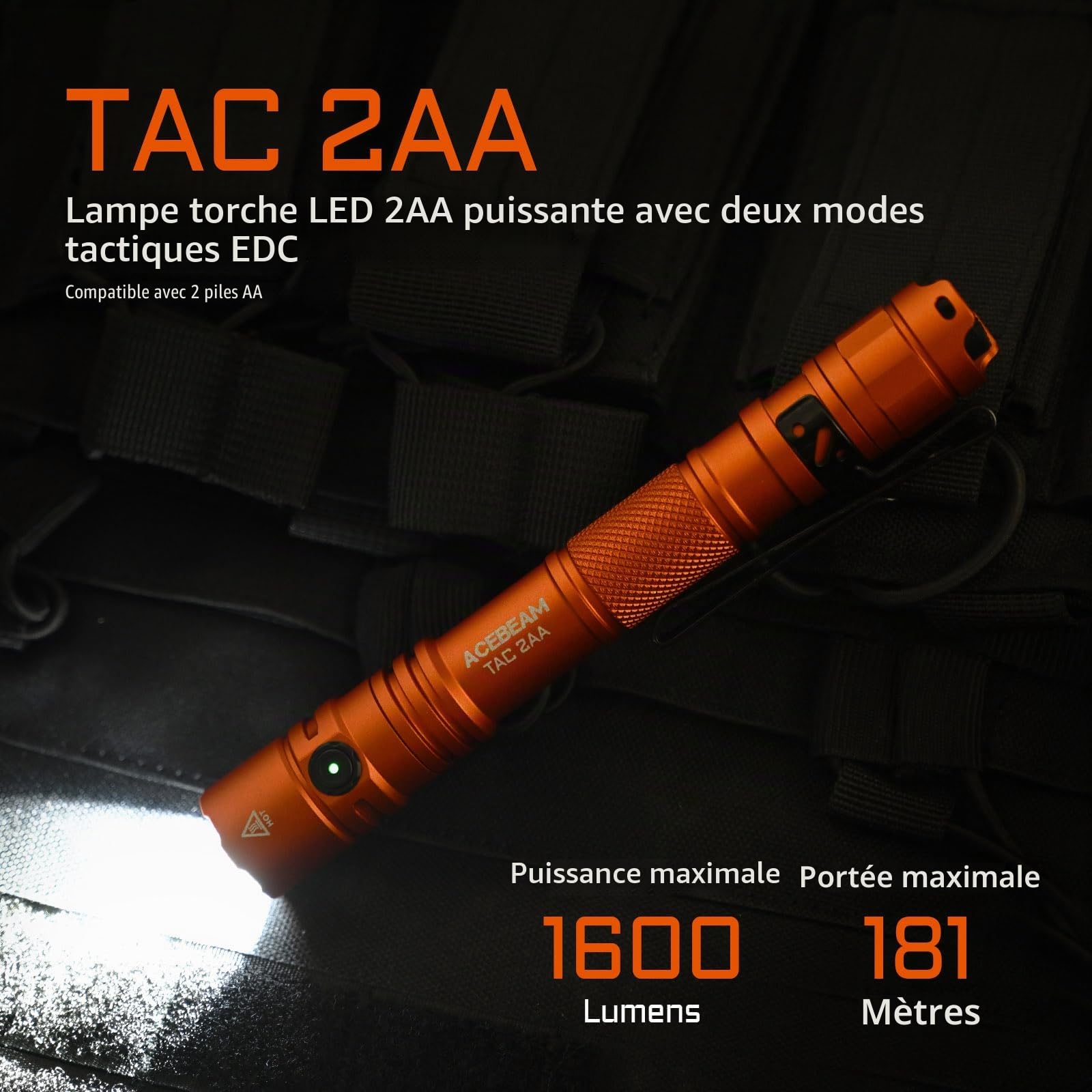 ACEBEAM Lampe Torche Tactique TAC 2AA EDC Rechargeable à Double Mode, LED Ultra Puissante 1600 Lumens avec Double Interrupteur - Petite de Poche Super Lumineuse pour Urgence