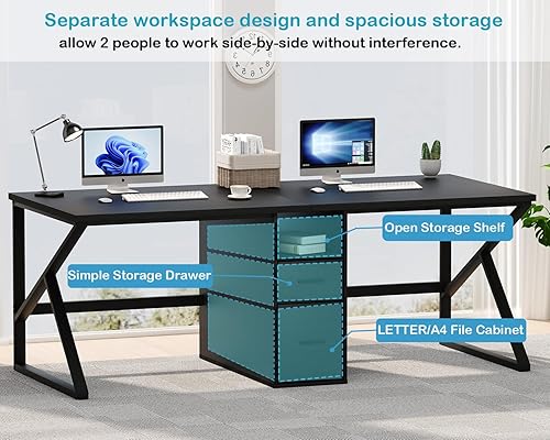 Miniatura 3 de IBF Escritorio de oficina para dos personas de 79 pulgadas, escritorio grande doble largo para PC con cajón de archivos, escritorio para computadora