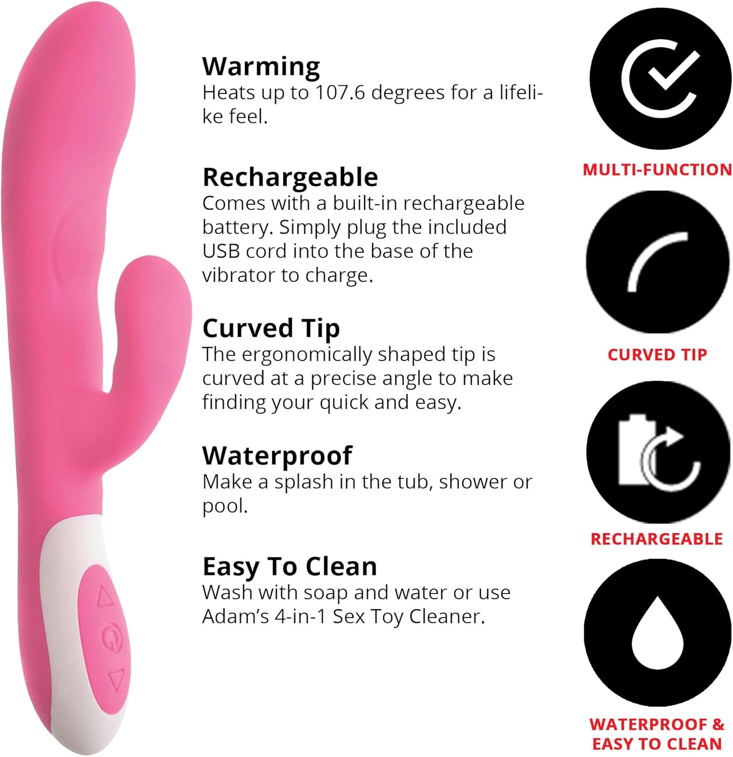 Adam & Eve Warming Rabbit G Spot Vibrator, Rechargeable Heated Dual Motor Clitoral and G Spot Stimulator, Waterproof Silicone Rabbit Vibrator with 25 Vibration Combos for Women and Couples