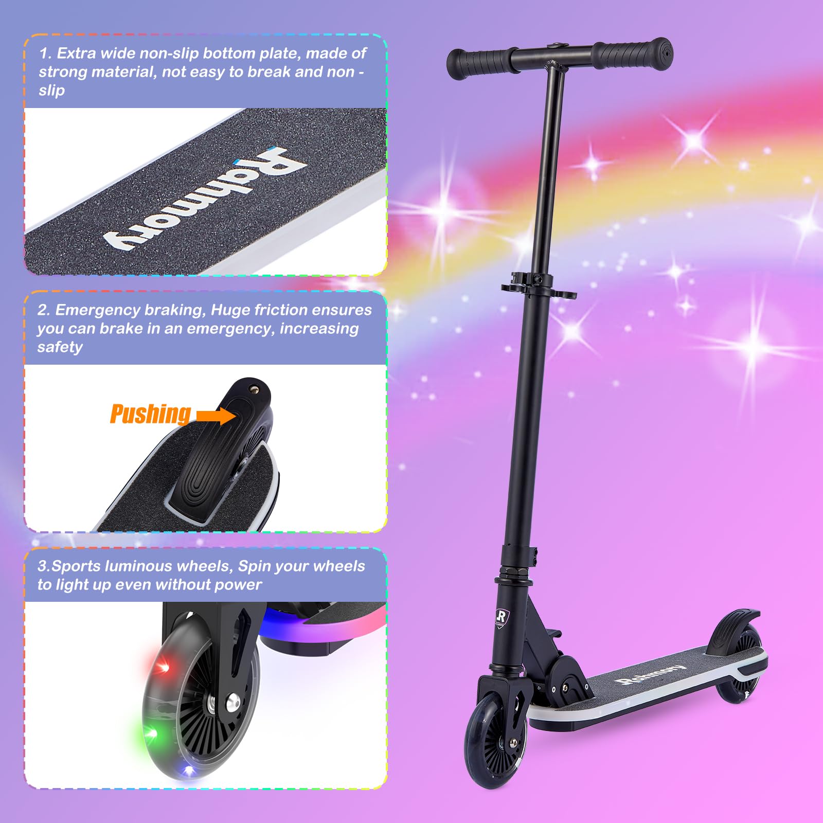 Patinete para edades de 5 a 12 años, niños, adolescentes. Carga máxima de 155 libras. Plegable, ligero, con ruedas iluminadas y cubierta de luz dinámica, adolescentes y adultos, 3 niveles 4