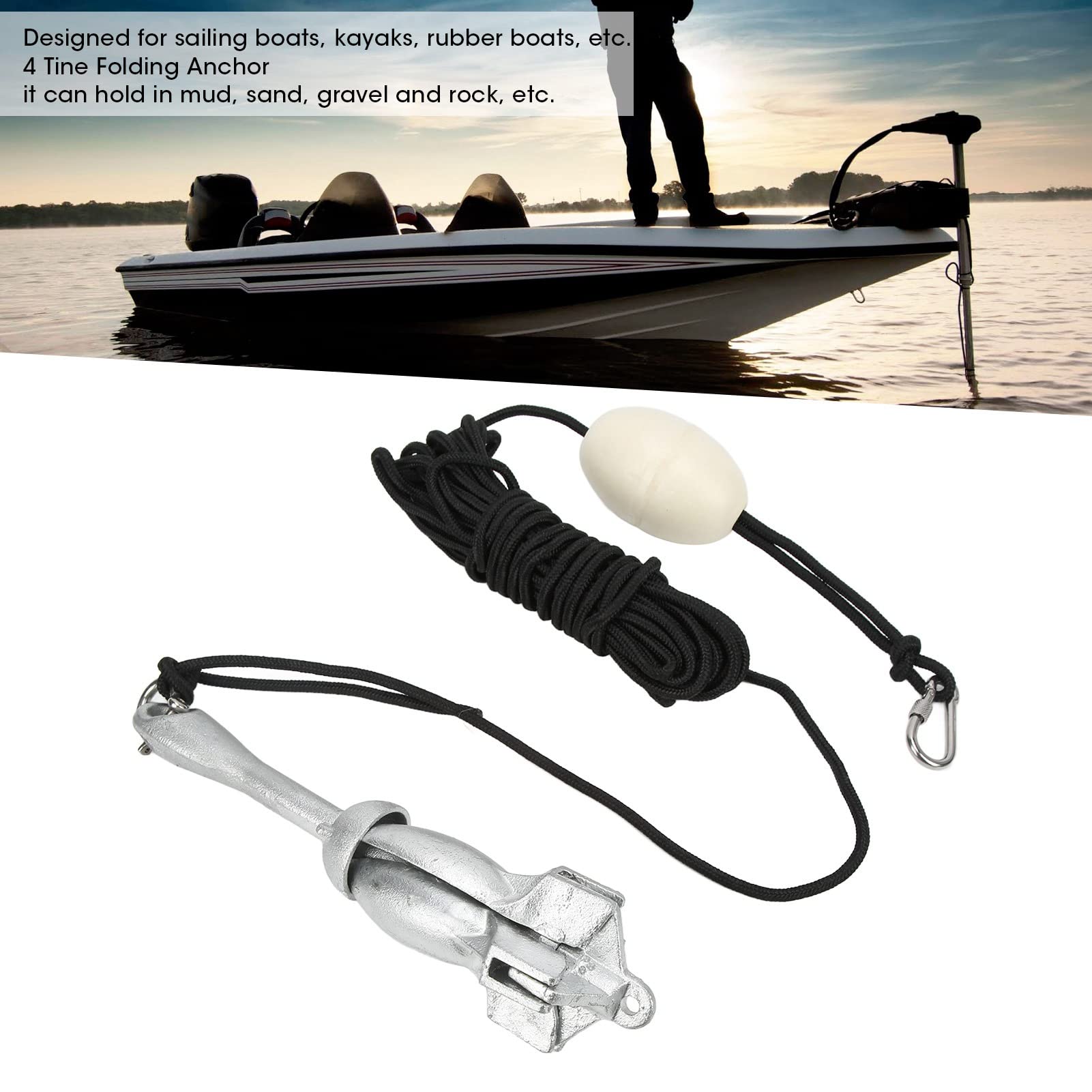 Juego De Ancla Plegable, Kit De Ancla Plegable Portátil De 4 Dientes De 3,5 Libras con Cuerda De 25 Pies, Ideal para Veleros Marinos, Kayak, Canoa Y Embarcaciones