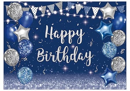 Funnytree 7x5ft Navy Blue Happy Birthday Party Backdrop Silver Glitter Balloons Background Boy Men Women Bday Event Favors Supplies Decoration Flag Background Selfie Photo Booth