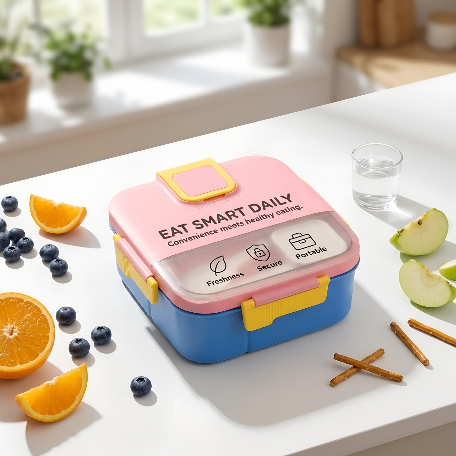 Bento-Box, Box mit Fächern für das Mittagessen, 7,0 x 7,4 x 2,7 Zoll tragbarer Lunchbehälter mit Besteck und Soßendose, mikrowellengeeignet für Büro und Meal Prep